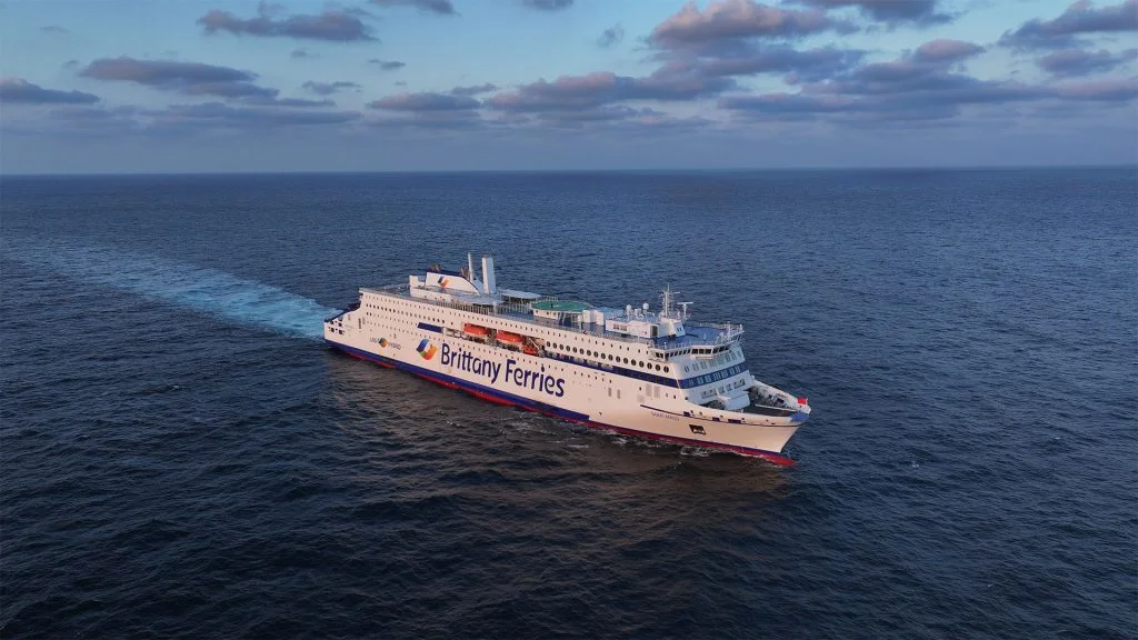 Saint-Malo, a large white ferry, on open water. 