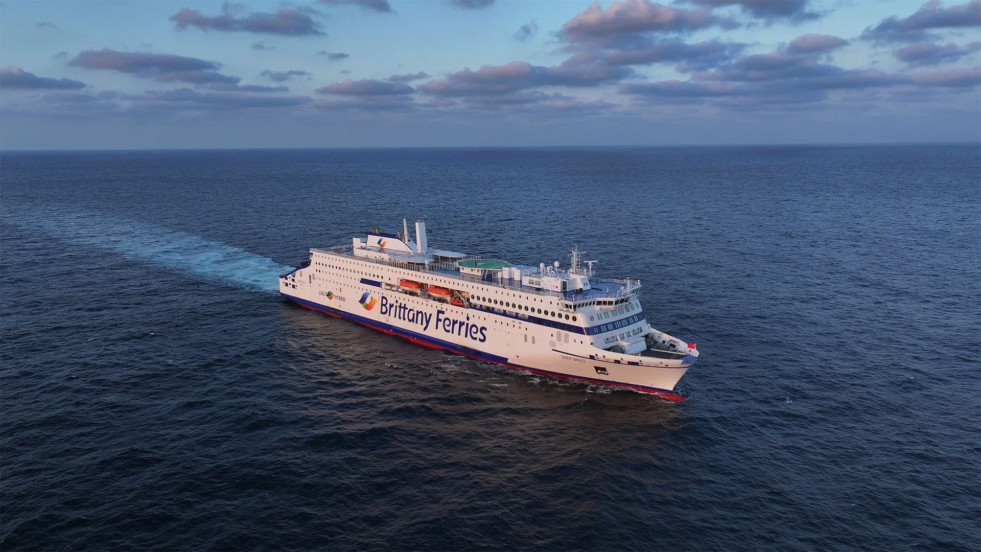Saint-Malo, a large white ferry, on open water.